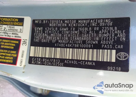 2009 Toyota Camry Le из США, поврежденный, VIN 4T4BE46K79R100081